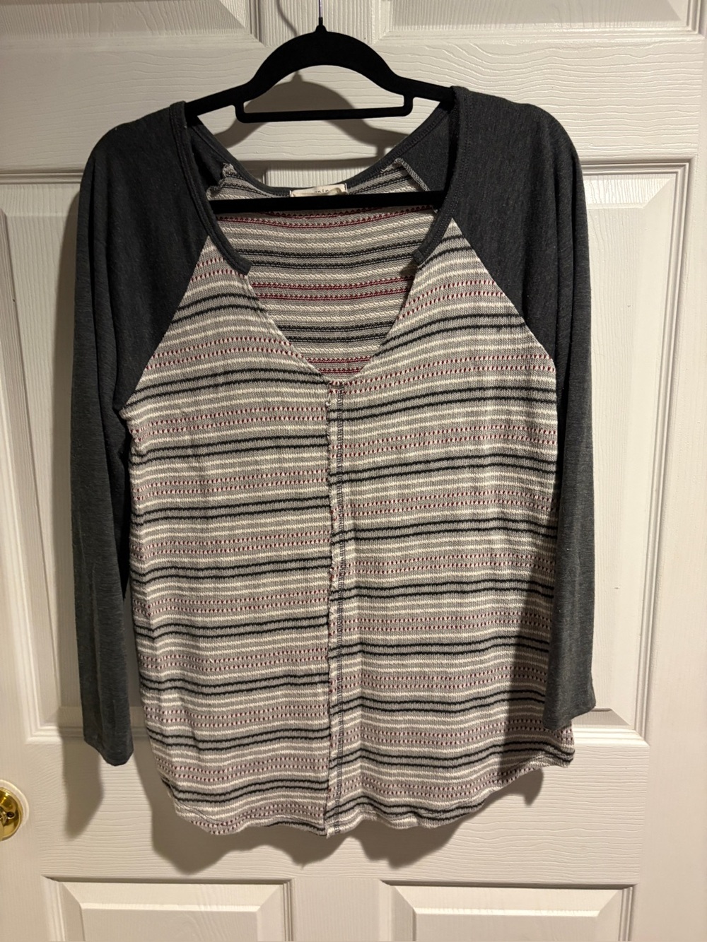 Striped Raglan Long-Sleeve Top - Gray with Pink Accents